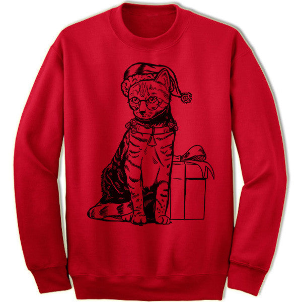 Christmas Cat Sweater. Cat with Gift Sweatshirt.